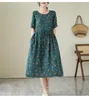 Casual Dresses Summer Print Short Sleeve Vintage Cotton Linen Midi Dress Women Loose Floral Robe Ladies Elegant Clothing