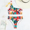 Costumi da bagno da donna 2023 Sexy stampato una spalla bikini brasiliano da donna vestito a due pezzi tinta unita vita alta perizoma costume da bagno da spiaggia