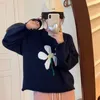 Sweaters pour femmes HSA Femmes Pull Tricoté Bleu Floral Tops Lâche À Manches Longues O-cou Pulls Coréen Chic Vêtement Automne Hiver 2023 Jumpers