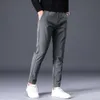 Celana Bulu Pria Hangat Musim Dingin Celana Jogger Pinggang Elastis Pas Badan Bisnis Tebal Korea Klasik Hitam Abu-Abu Biru Pria