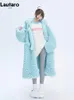 Pele feminina pele sintética Lautaro inverno longo oversized casual grosso quente azul grosso quente fuzzy fofo casaco de pele sintética feminino com capuz zíper moda 230926