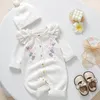 Rompertjes 0-18M Warme babykleding Gebreide romper Borduur geboren baby Peuter Jongen Meisje Lange mouw Jumpsuit Hoed Herfst Winteroutfits 230925