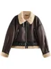 Womens Leather Faux TRAF Winter Womans Fashion Thick Warm Shearling Jacket Coat Vintage Long Sleeve Belt Hem Female Outerwear Chic Tops 230925