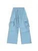Calças femininas Qweek moda coreana azul carga mulheres y2k harajuku larga perna pára-quedas calças oversized hip hop streetwear sweatpants
