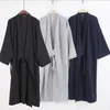 Mannen Nachtkleding Mannen Casual Effen Kleur Japanse Yukata Kimono Lange Badjas Pyjama Lace Up Katoen Slapen Losse Kostuums