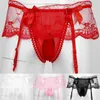 Onderbroeken Heren slipje Sissy Lingerie Slips Sexy ondergoed Zien door kant met kousenband Mannelijke shorts Thongs