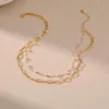 CCGOOD – collier ras du cou plaqué or 18 K, Double chaîne superposée pour femmes, chaîne à maillons ovales, bijoux à Texture métallique perle