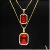 Other Jewelry Sets 2Pcs Ruby Necklace Set Sier Gold Plated Iced Out Square Red Pendant Hip Hop Box Chain Drop Delivery Dhr5O