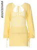 Casual Dresses BOOFEENAA Lace Up Backless Long Sleeve Short Womens Sweater Dress Yellow Knitwears Vacation Outfits Cute Girls C16-FI33