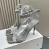 Top-Qualität Amina Muaddi Schuhe High Heel Sandalen Damen Mode Strass Dekoration Quadratischer Zeh Offener Zeh Transparente PVC-Folie Knöchelriemen Designer-Kleiderschuhe