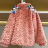 Women's Fur Winter 3D Flowers Embroidery Sequined Faux Coat Mink Velvet Beaded Flocking Jacket Spliced Cotton Padded Parkas