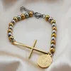 Bangle FINE4U Catholic Saint Benedict Religious Bracelets 6mm Bead Chain Bracelet Crucifix Cross San Benito Medal for Protection 230926