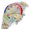 Pintime Luxury Full Crystal Diamond Quartz Battery Date Mens Watch Decorative Three Subdials Colorful Marker Shining Watches Fact306r