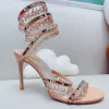 Designer de luxo fino sandálias de salto alto rene caovilla lâmpada de cristal pingente strass envoltório tornozeleira sapatos femininos de salto alto salto estreito 10cm sandálias famosas 35-43