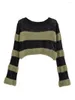 Women's Sweaters Autumn Winter Women Contrast Color Knitted Sweater Chic Long Sleeve Crew Neck Hollowed Striped Fuzzy Pullover Knitwear