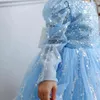 Robes de fille bleu brillant perles fleur gonflée Tulle avec nœud fête d'anniversaire de mariage à manches longues Pageant princesse robe de bal