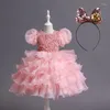 Vestidos de niña Vestido de lentejuelas para niña Dulce Rganza Princesa con mangas de burbuja 1 de junio Rendimiento de baile con tocado Flor Grils