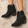 Boots Embroidered Cowboy Ankle Boots Women Faux Suede Chunky Heels Western Boots Woman 2023 Autumn Side Zipper Pointed Toe Short Botas T230927