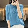 Mulheres Camisetas Primavera e Verão Penteado Lã Pura Malha Ffive-Ppoint Manga Feminina Crochet Hollow Slim Sweater Curto T-shirt Desgastado