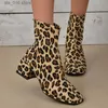 Boots Leopard Print Thick Heels Ankle Boots Women Blue Denim Zipper Square Toe Short Boots Woman Large Size 42 Cowgirl Western Booties T230927