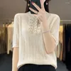 Mulheres Camisetas Primavera e Verão Penteado Lã Pura Malha Ffive-Ppoint Manga Feminina Crochet Hollow Slim Sweater Curto T-shirt Desgastado