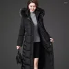 Casacos de trincheira femininos para baixo jaquetas mulheres longas 2023 inverno moda casual coreano solto com capuz gola de pele plus size sobre o joelho quente grosso