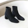 Boots Pointed Ankle Boots Winter Women Casual Chelsea Boots Women Medium Heel Knitted Sock Boots Women Faux Suede Female Heels 230926