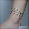 Fußkettchen Hiphop 9mm Iced Out Bling CZ Miami Cuban Link Kette Fußkettchen Roségold Rosa Stein Silber Farbe Frauen ModeschmuckAnklets Drop D Dhqw6