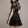 Robes décontractées Y2K Esthétique Goth Dentelle Gothique Drak Noir Femmes Sexy Grunge Voir À Travers Manches Bouffantes A-ligne Mini Robe Partywear