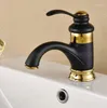 Badezimmer Waschbecken Wasserhähne Wasserhahn Schwarz Gold Farbe Messing Becken Deck montiert Einhandloch und Kaltwasserhahn Znf803