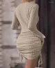 Casual klänningar mode kvinnor spets lapp dragstring texturerad bodycon klänning 2023 v hals långärmad sexig mini kvinnlig ropa höst