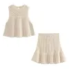 KONDALA Vintage Beige Uitgesneden Gebreide Vrouwen Pak Mode 2023 Zomer Vakantie Set Losse Tank Elegante Top Mini Kant Een Lijn Rok