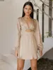 Casual Dresses Womens Fall Satin Dress Sexig Cut Out V Neck Long Sleeve A Line Night Club Party Mini Elegant Cocktail Wedding Guest