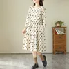 Casual Dresses French Style Print Dot Patchwork Three Quarter Sleeve Vintage Summer Autumn Ruffle Dress Fashion Women Spring Midi