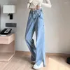 Women's Jeans American Ins Fashion Y2k Womens High Waist Loose Wide Leg Slit Hem Solid Denim Pants Casual Streetwear Female Clothes