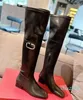 Latest Women's Over Knee Long Boots Low Heel Square Headed Inner Side with Zipper Gold Buckle Decoration Cowhide Upper Real Leather Sole Size