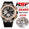 RSF 44mm A3126 Automatic Chronograph Mens Watch Two Tone 18K Rose Gold Bezel Black Ceramic Case Textured Dial Number Markers Rubbe269O