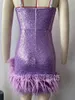 Robes décontractées Rose Violet Paillettes Plume Mini 2023 Été chez les femmes Dos nu Ceinture sans manches Slim Robes Night Club Robe de soirée