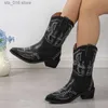 Boots Mix Color Printed Western Cowboy Boots Women Chunky Heels Slip-On Mid Calf Boots Woman 2023 Autumn Pointed Toe High Tube Booties T230927