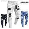 Mäns jeans 2023 White Embroidery Skinny Ripped Jeans Men Cotton Stretchy Slim Fit Hip Hop Denim Pants Casual Jeans For Men Jogging Trousers L230927