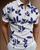 DIY 의류 맞춤형 티 폴로 블루 리프 프린팅 패션 프린트 짧은 슬리브 남자 플립 넥타이, 지퍼가있는 폴로 슈트, 캐주얼 티셔츠