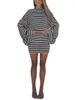 Ensemble 2 pièces en tricot pour femme, tenue d'automne, manches longues, col rond, haut rayé, mini jupe moulante en tricot