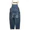 Jeans para hombres Amekaji Garment Washed Vintage Blue Men Denim Monos Big Hip Pocket Cargo Babero con tirantes sueltos