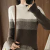 Kvinnors tröjor Pure ull/kashmirtröja Kvinnor Halva Turtleneck Färgblock Knit Pullover Autumn Winter Largesize Warm Tjock Top Female