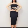 Casual Dresses Elegant Color Matching Slim Pencil Dres Women Office Ladies Round Neck Long Sleeve Tight Dress African