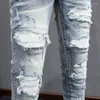 Mäns jeans high street mode män retro blå stretch mager fit rippad vit läder lappa designer hip hop varumärke byxor