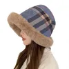 Wide Brim Hats Bucket Winter Furry Fur Fluffy Women Warm Fleece Buffalo Plaid 230927