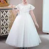 Robes de fille longues champagne fleur filles pour mariages fête gala paillettes perles à manches courtes longueur cheville robe de princesse enfant 2023