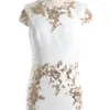 Party Dresses Evening White Jersey O-neck Short Sleeves Golden Appliques Mermaid Trumpet Floor Length Plus Size Lady Dress F257