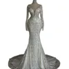 Crystal Mermaid Wedding Dress Sheer V Neck Long Cape Sleeve Tulle Beaded Bride Dresses Luxury Bridal Gown For Bride